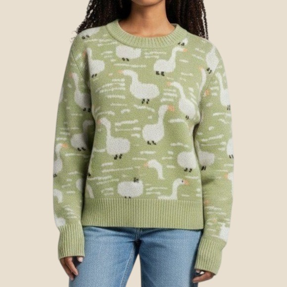 Cider Sweaters - Cider Goose Knit Sweater XL Green Cropped Cottagecore Animal Print Novelty Top